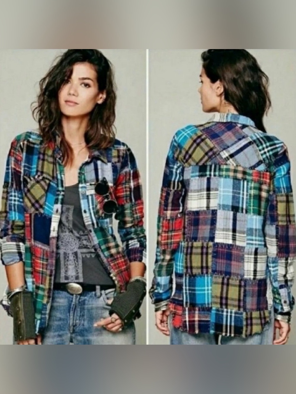 Free People/We The Free “Lost in Plaid” Patchwork Flannel (L)